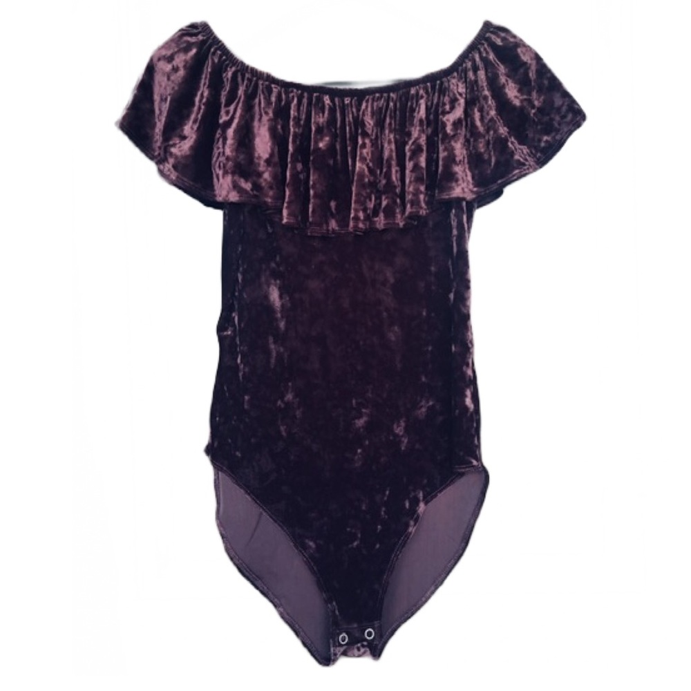 AEO M Crushed Velvet Plum Off Shoulder Bodysuit Ruffle Stretch Y2K Whimsigoth